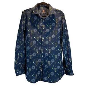 Simon Banks Shirt Mens Medium Button Up Happy New Year Print Party‎ Holiday Blue